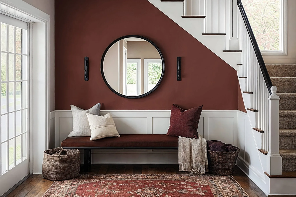 Cozy foyer with bench, pillows, round mirror, and staircase backdrop.