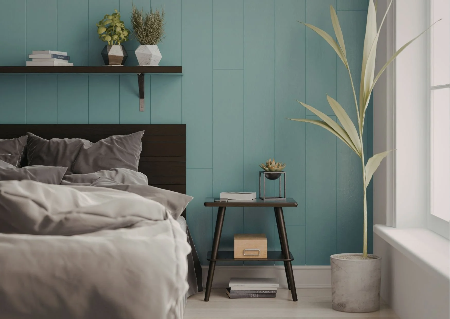 Serene bedroom featuring turquoise vertical paneling, dark wood headboard, simple nightstand, and decorative plant in concrete planter.