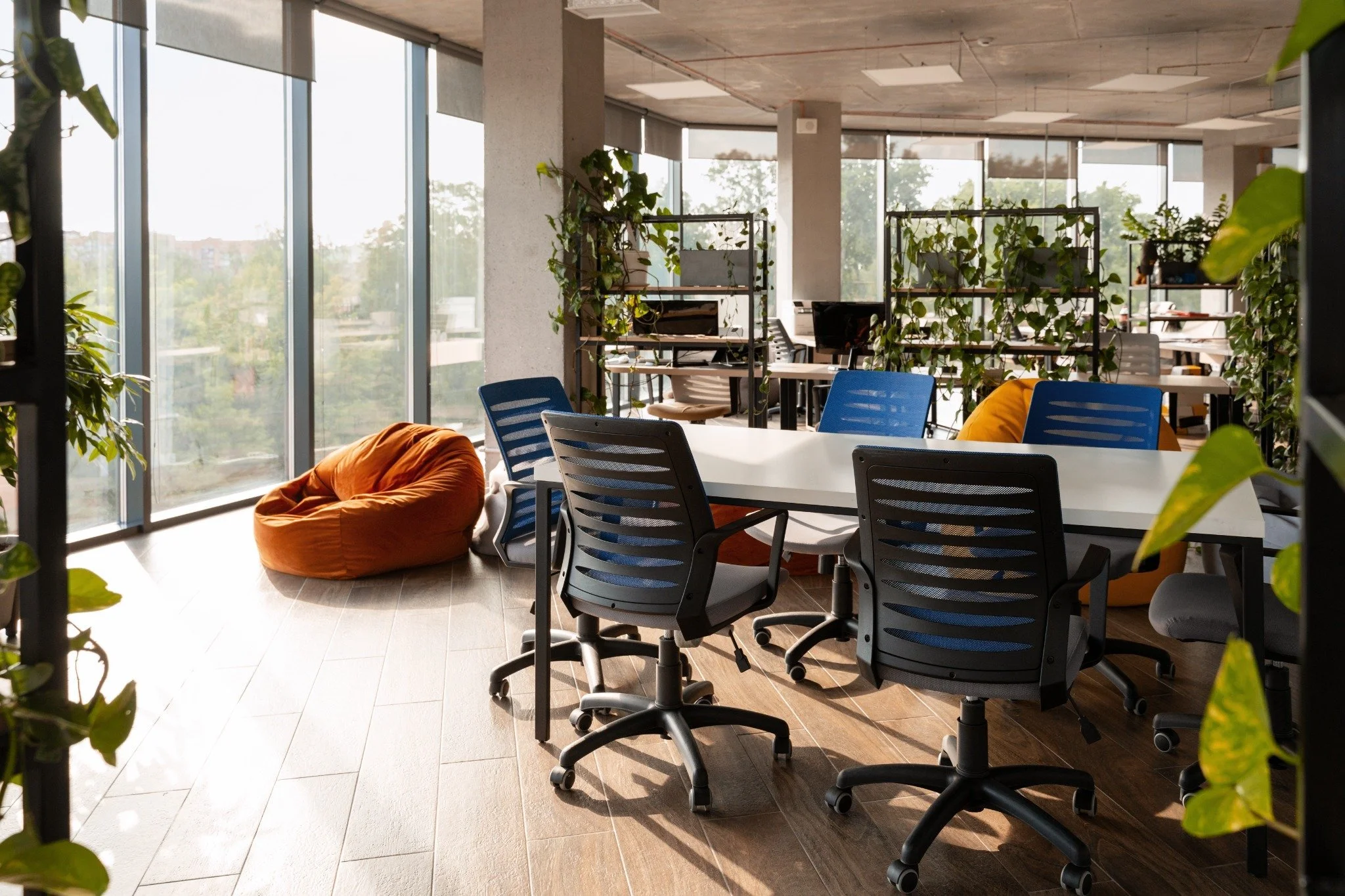 Modern commercial office interior with ergonomic office furniture and innovative design solutions