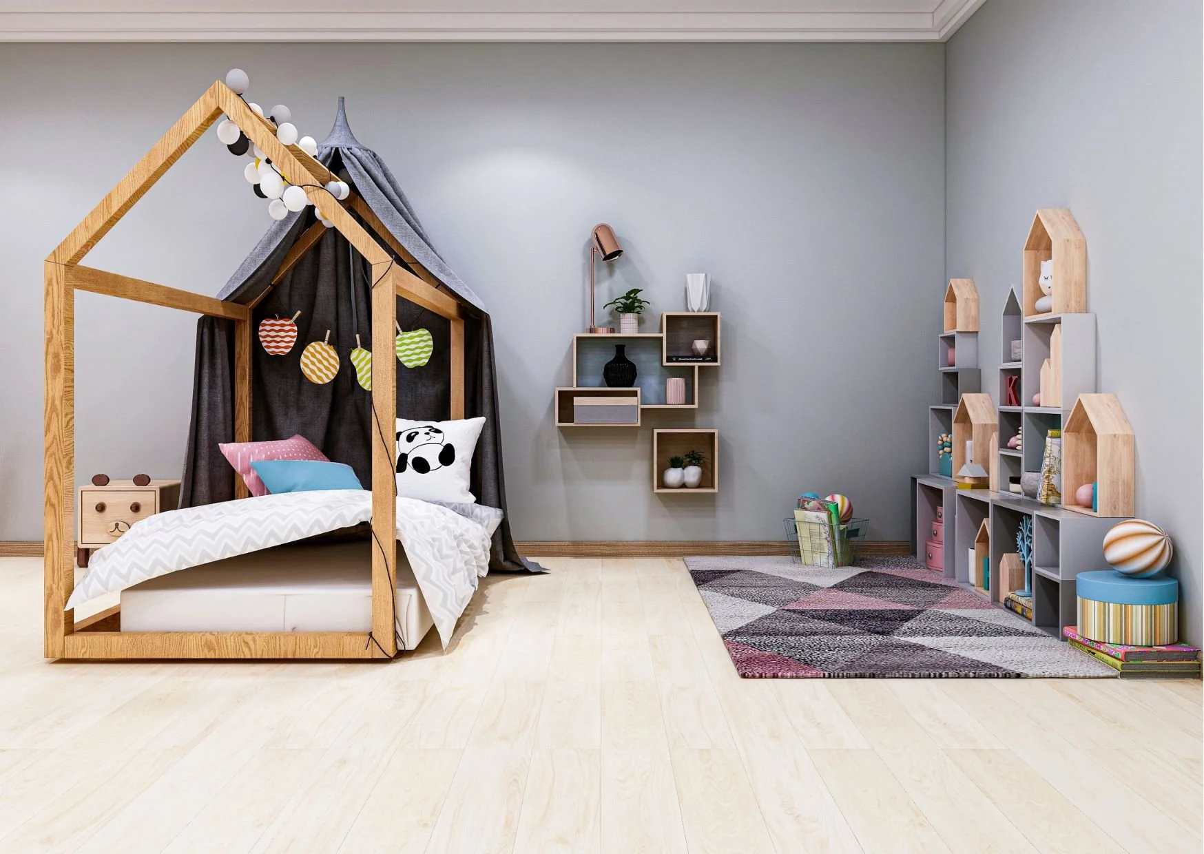 Children’s bedroom with house-shaped bed, panda pillow, shelves, and modern playful decor.