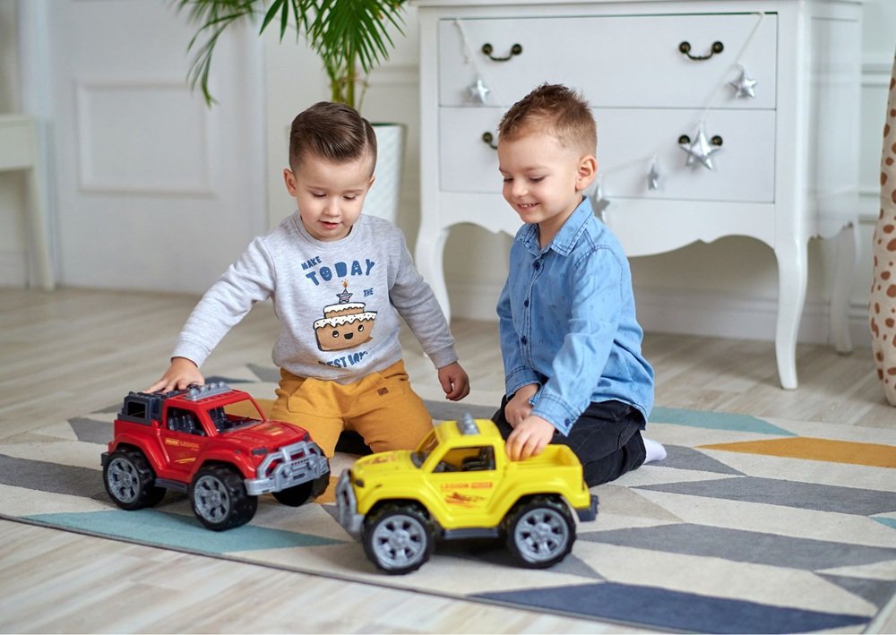 Two boys playing with toy cars in a bright, patterned playroom with storage and plants.