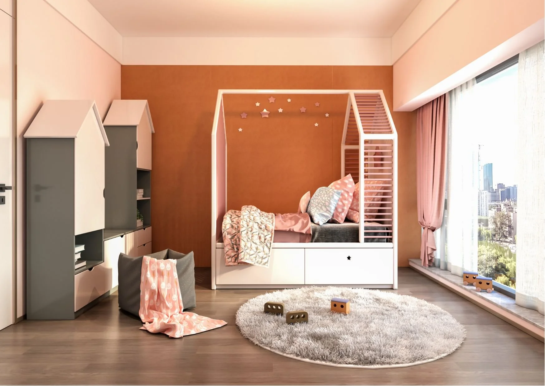 Warm children’s bedroom with house-frame bed, terracotta wall, shelves, and city view.