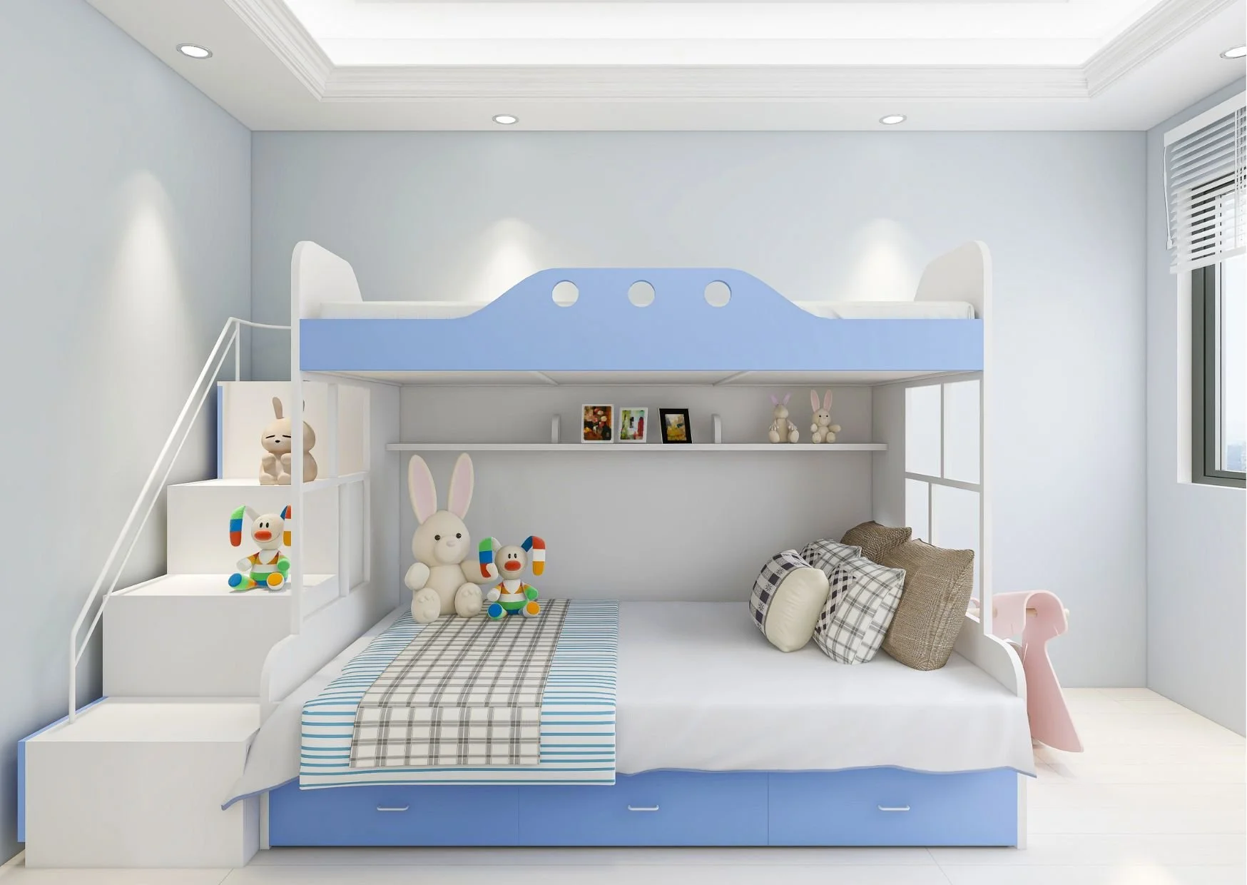 Modern children’s bedroom with blue bunk bed, staircase storage, plush toys, and bright decor.