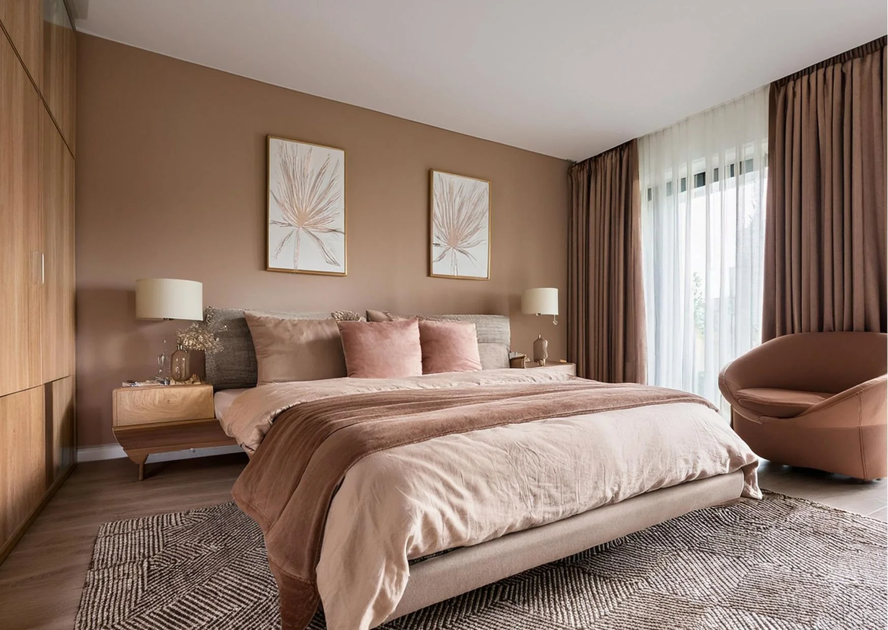 Elegant master bedroom in warm beige and blush tones with floating nightstands, botanical artwork, and curved accent chair.