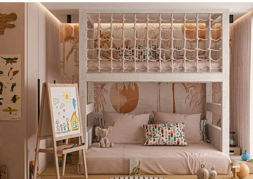 Warm bunk room nursery with canopy bed, artwork easel, soft bedding, and natural textures.