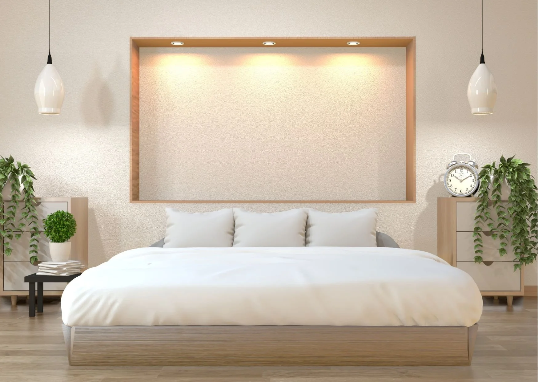 Clean minimalist bedroom with wooden frame headboard, white bedding, hanging plants, pendant lights, and warm ambient lighting.