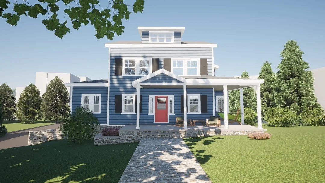 Exterior redesign of an old colonial with a new wrap-around porch and one-story addition. The last two photos are existing. #happyhausdesign #architecture #design #porchdesign