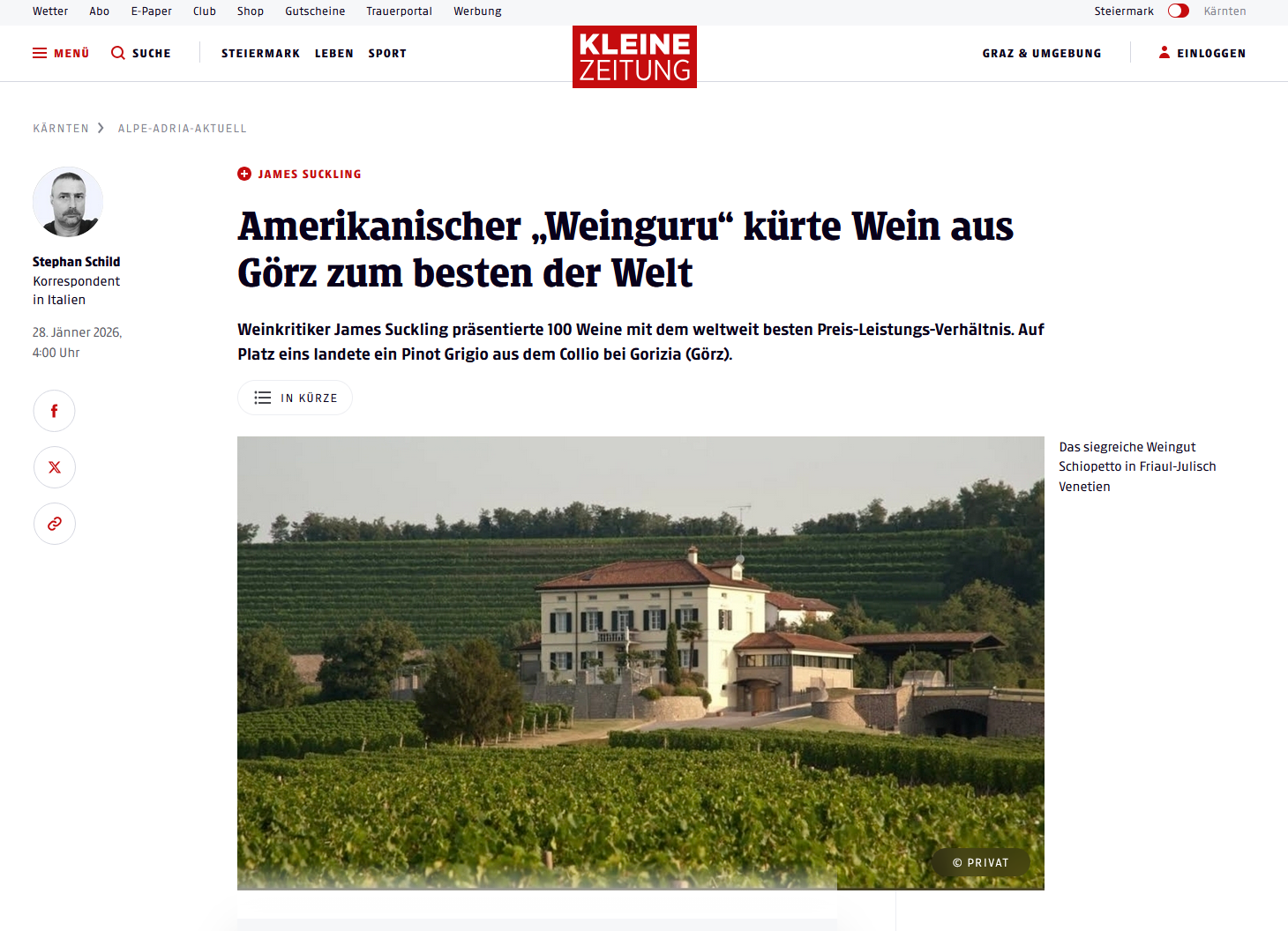 Kleine Zeitung | "Weinguru" James Suckling kürte Wein aus Görz zum besten der Welt  