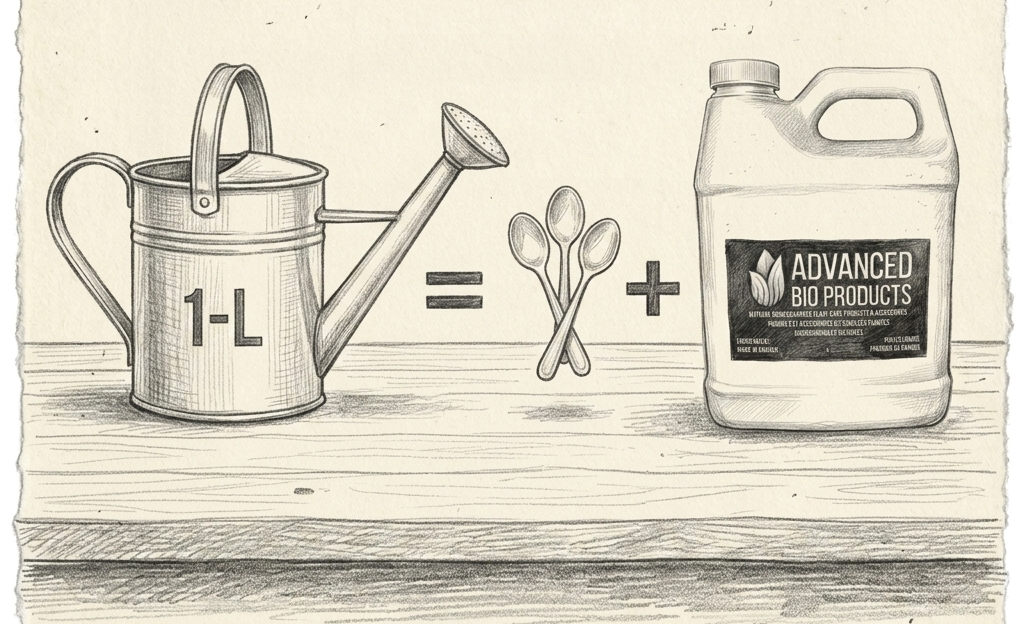 Pencil sketch of a 1-L watering can on the left of the equal sign and 3 teaspoons, a pus sign, and a 1-L jug  of the Natural Seaweed Fertilizer on the right.