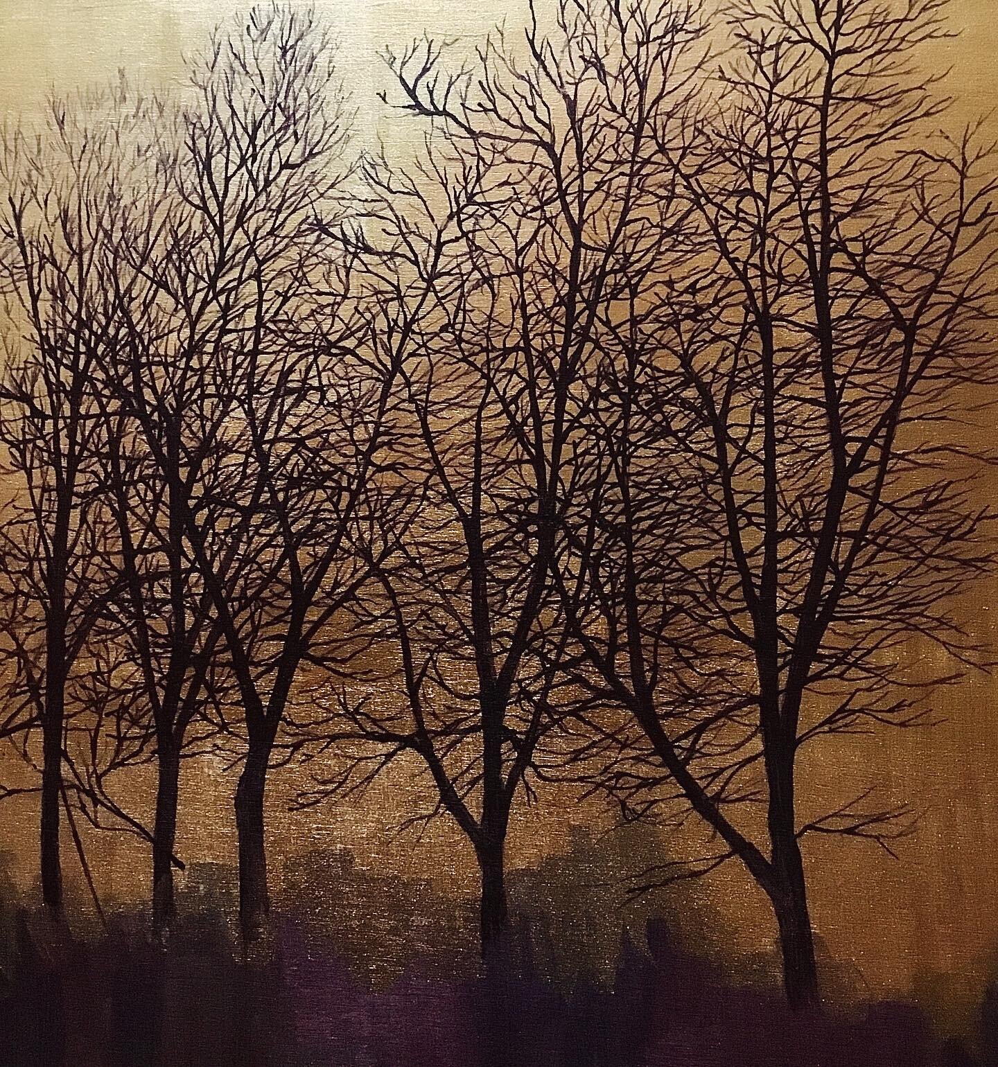 Detail from &lsquo;Golden Hour&rsquo; from a while back. Love the shimmering gold in this painting. 🤩 wishing you all a beautiful weekend 🤩🌟. #golden #wintertrees #sunset #weekendvibes