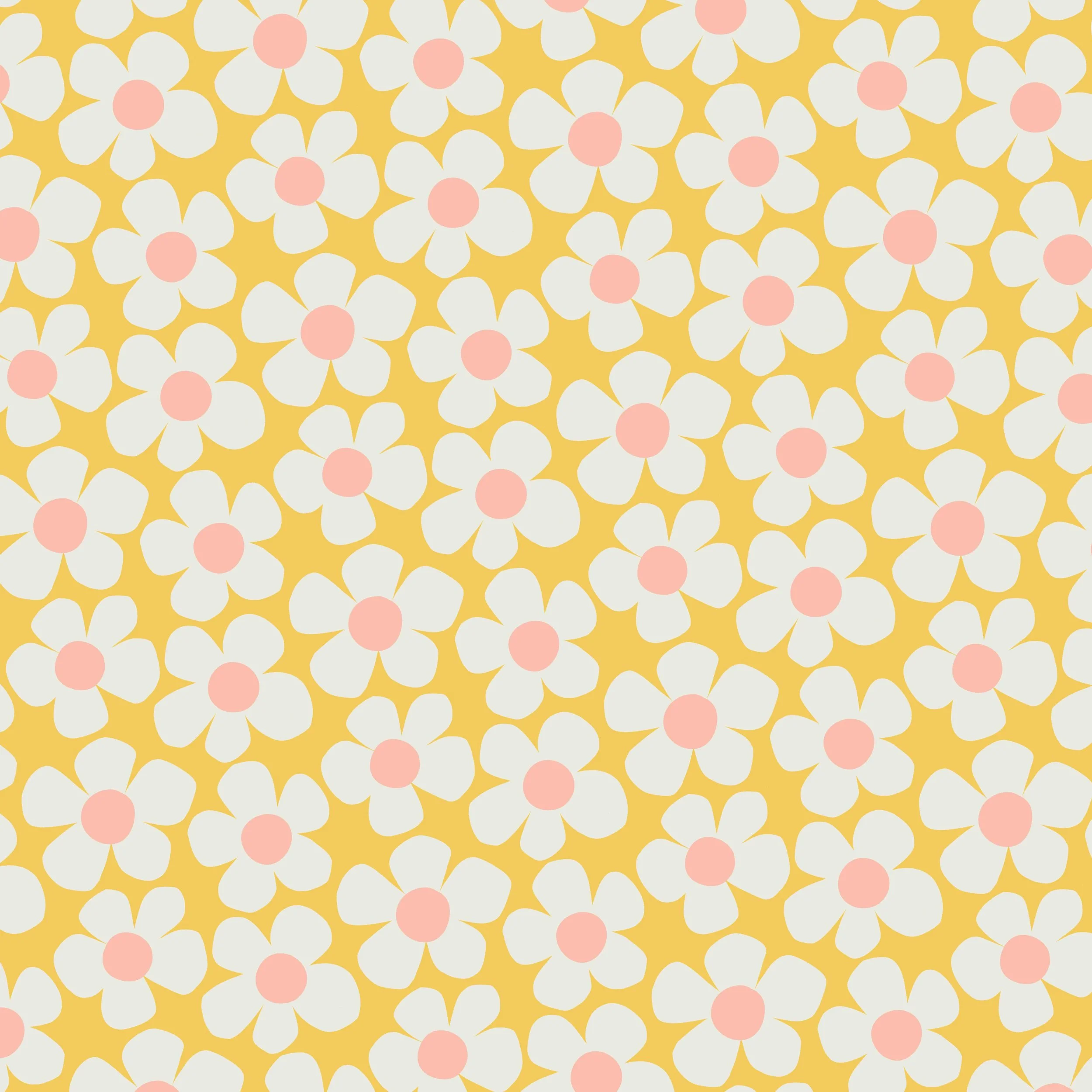 Retro style floral pattern of bold five petal paper-cut-out style flowers with large circular centers on a solid color background. White, peach pink, and yellow colors.