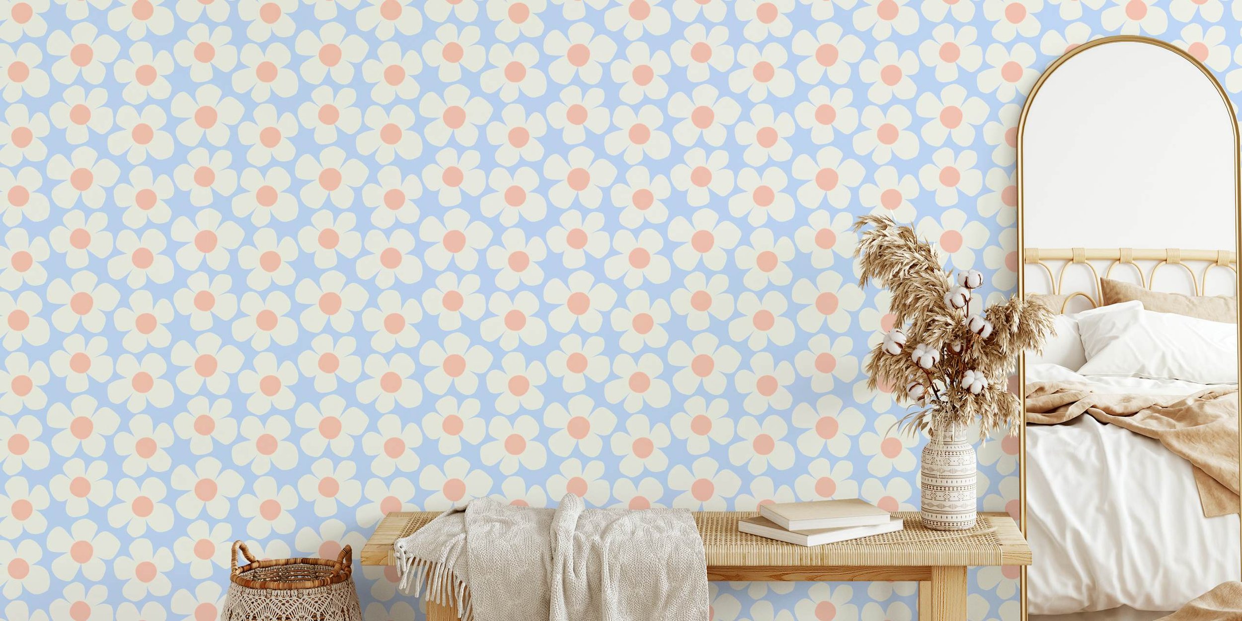 Wallpaper featuring the Big White Spring Blossoms - Pastel Blue and Peach pattern from the Bunny Garden collection