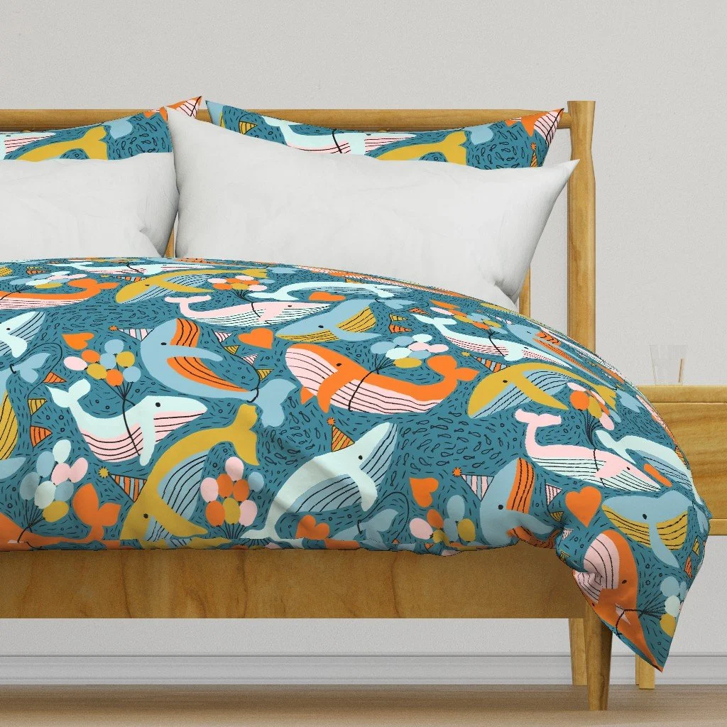 Duvet cover and pillow sheets featuring the Happy Party Whales - Playful Ocean Animals for Kids pattern
