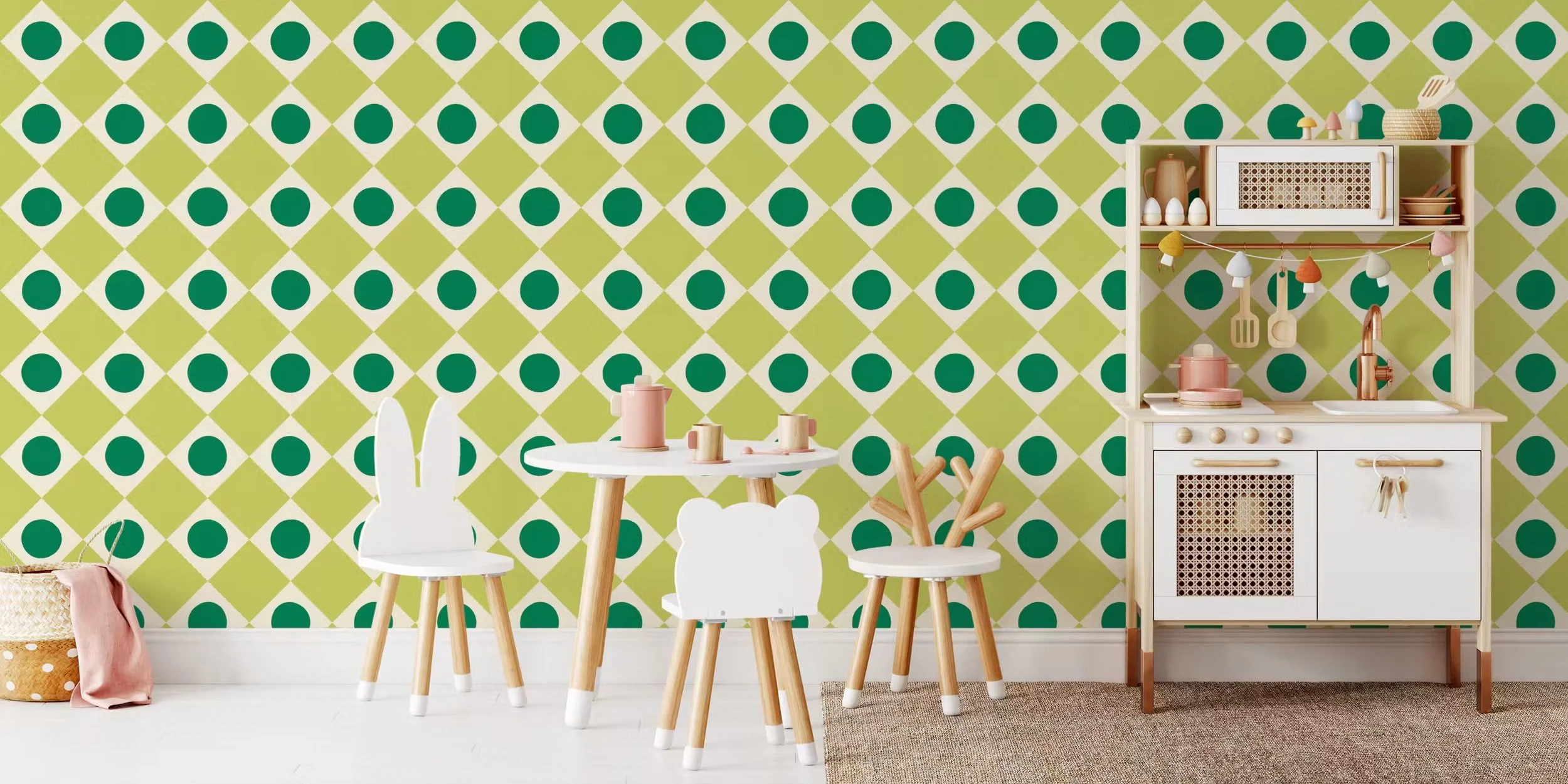 Lime harlequin diamond wallpaper with kelly green dots in a playroom with a play kitchen, copyright Sandra Hutter.