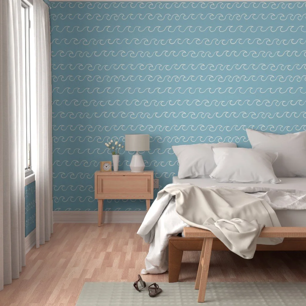 Bedroom wallpaper featuring the Doodle Ocean Waves White Blue pattern