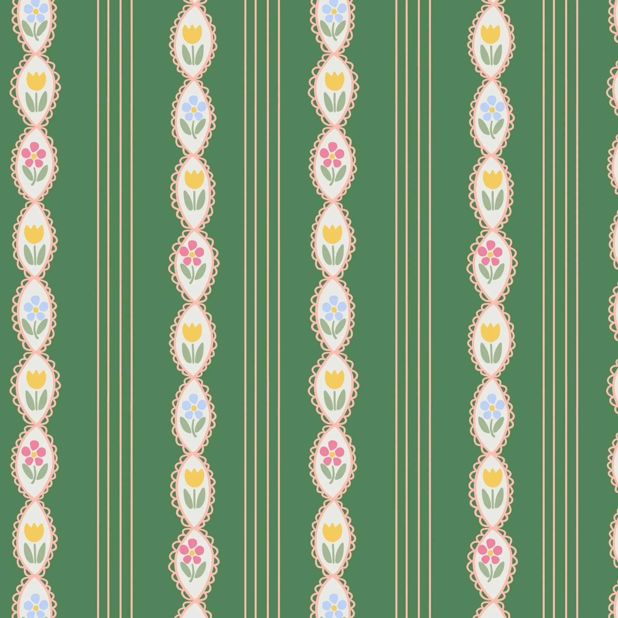 Vintage inspired cottagecore / farmhouse style stripes with rows of hand drawn white ogee shapes with multicolor pastel flowers in the middle surrounded with peach scallop edged frames with additional peach lines on a fern green background.