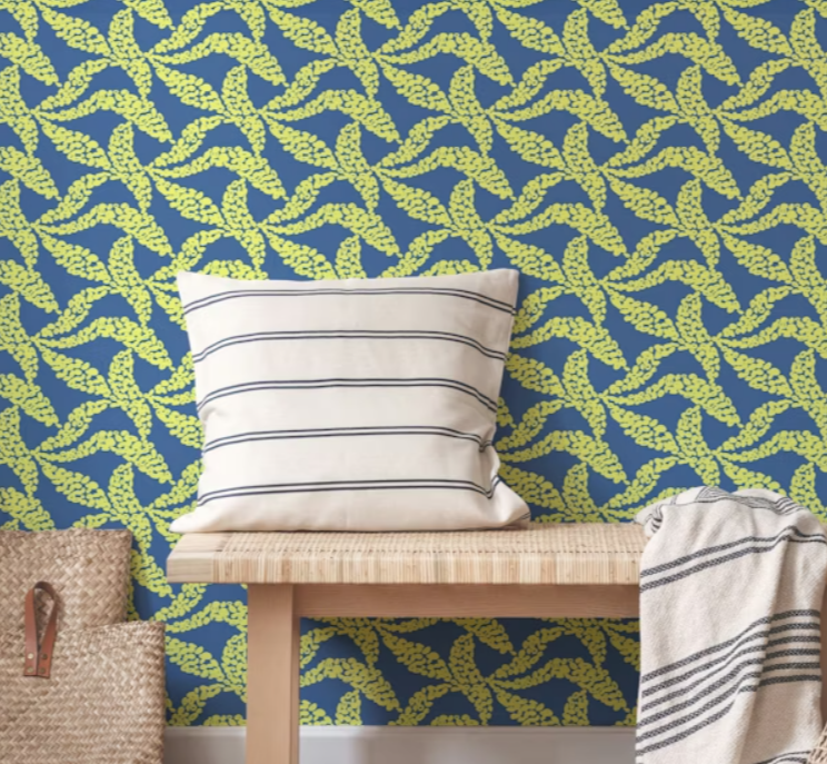 HappyWall Wallpaper design featuring the Abstract Circles Flowing Kelp - Yellow and Navy Blue Pattern