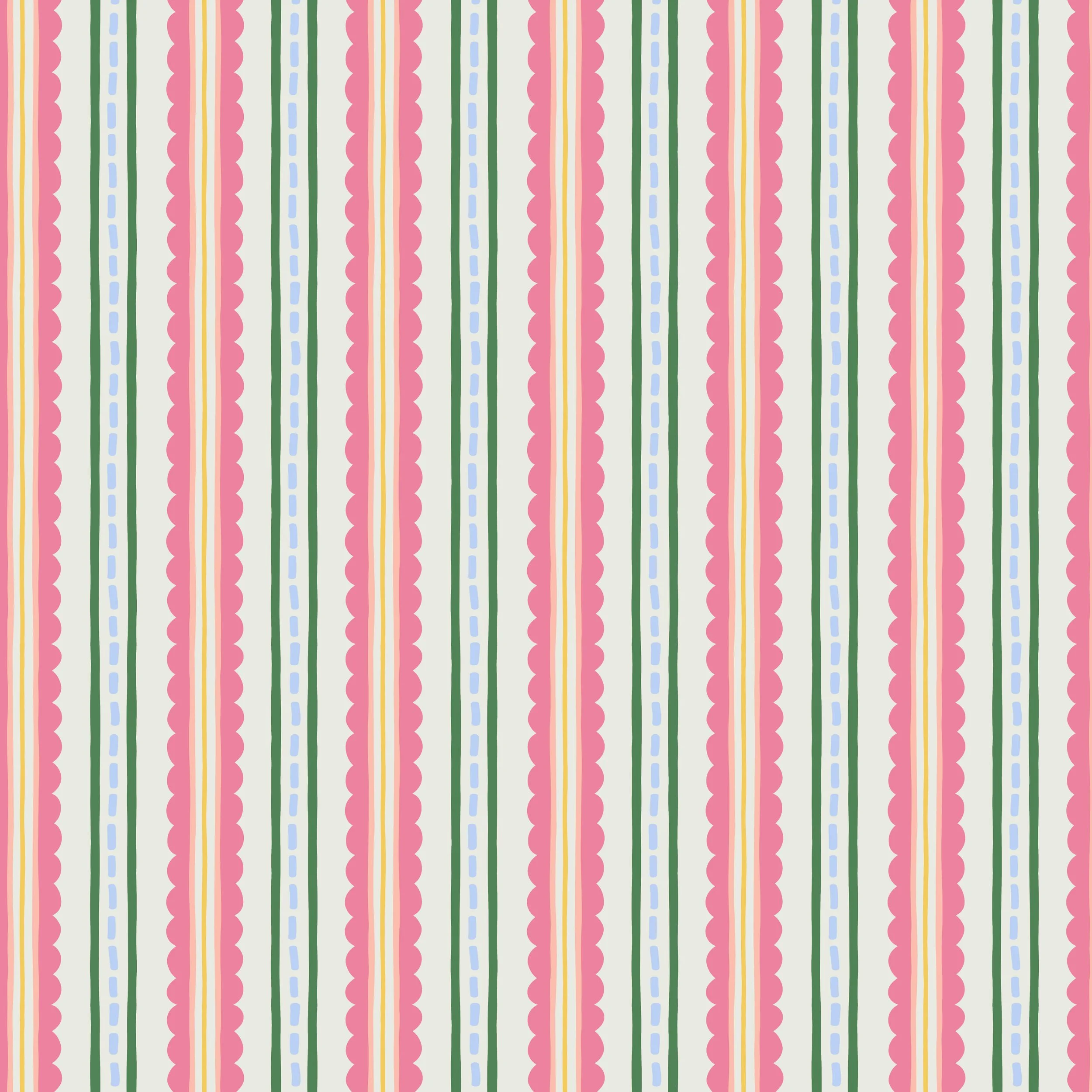 Cute and colorful hand drawn stripes with soft pink bumpy / scallop lines, pastel blue dashes, and straight green, yellow, and peach stripes on a cream white background. Perfect for spring / summer decor and clothing.
