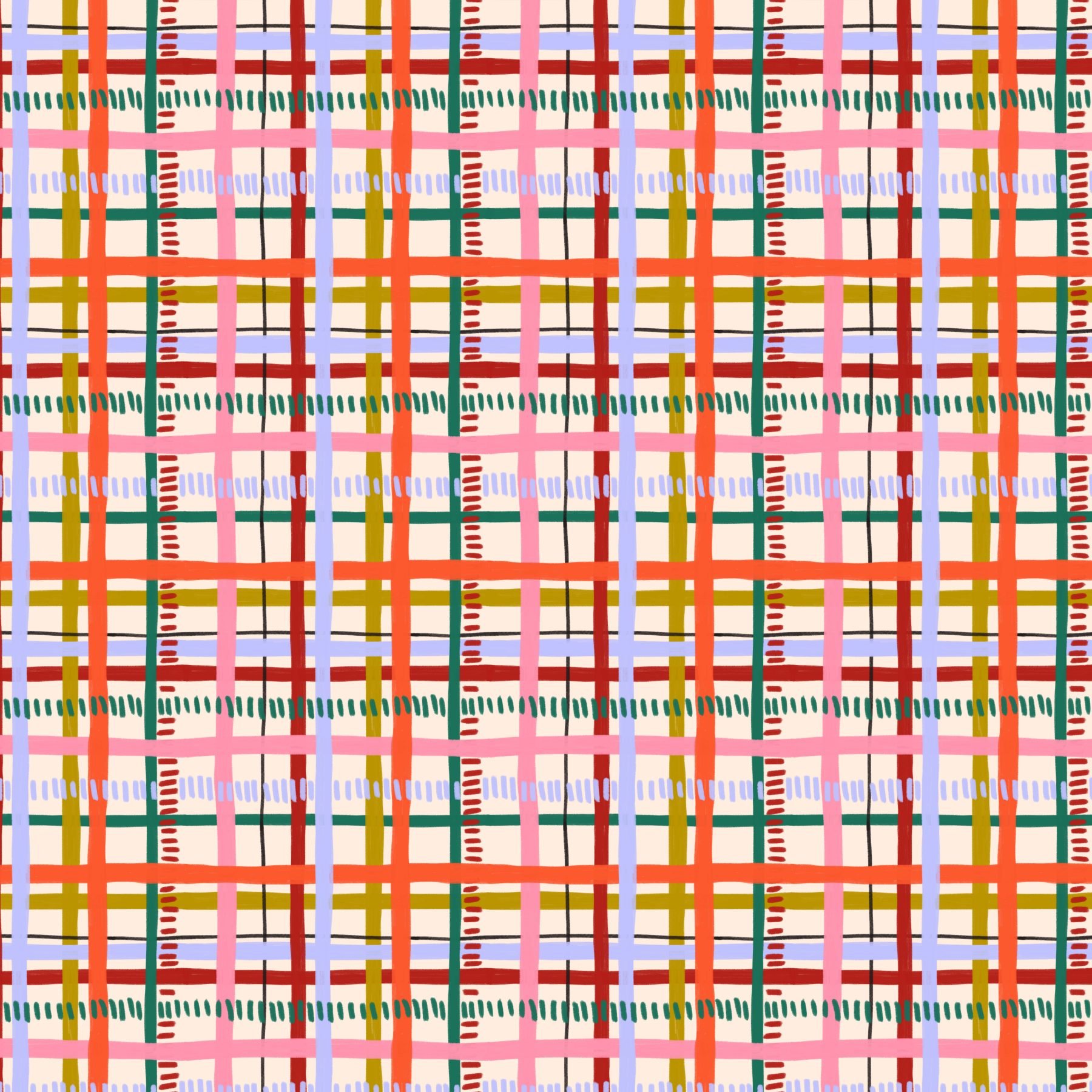 Jolly & Bright: Hand Painted Grid in Red Pink and Mustard pattern preview, copyright Sandra Hutter.