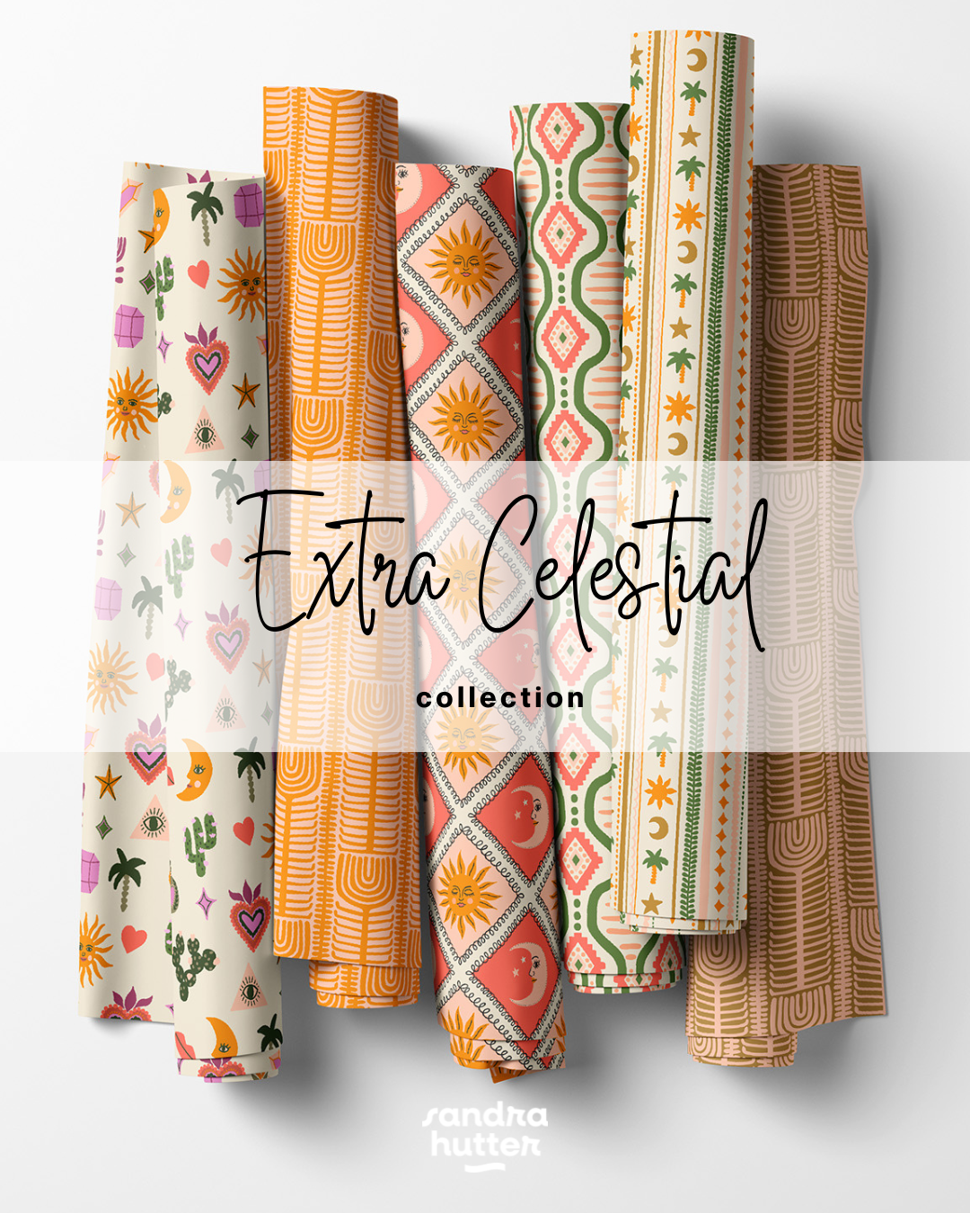 Extra Celestial mixes bold boho patterns like the sun and moon icon toss, a framed palm and sun-face medallion, a looped sun bandana, and a retro planets-and-shooting-stars toss (in both pink and navy), alongside coordinating stripes and folk-line bl