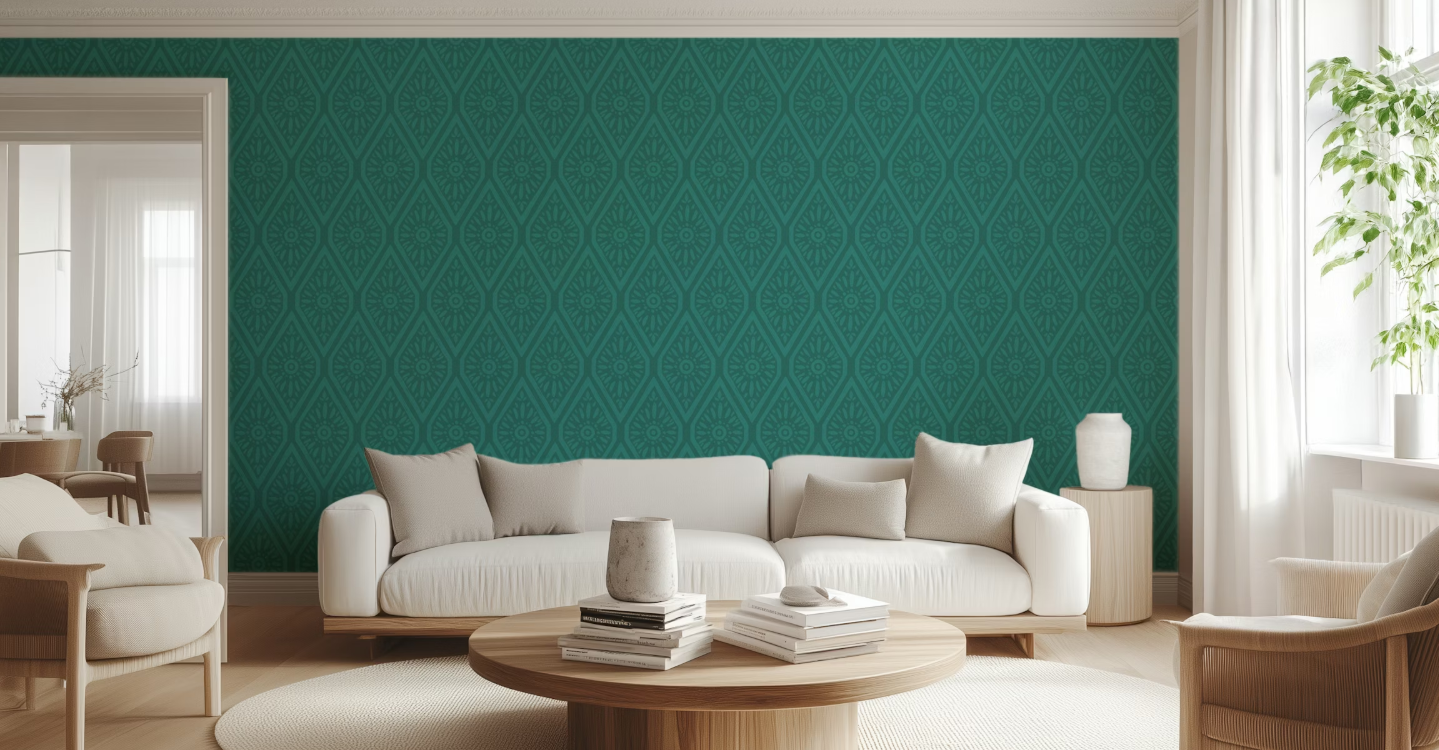 Wallpaper featuring the pattern Boho Sun Folk Art Ogee Diamonds - Teal Green
