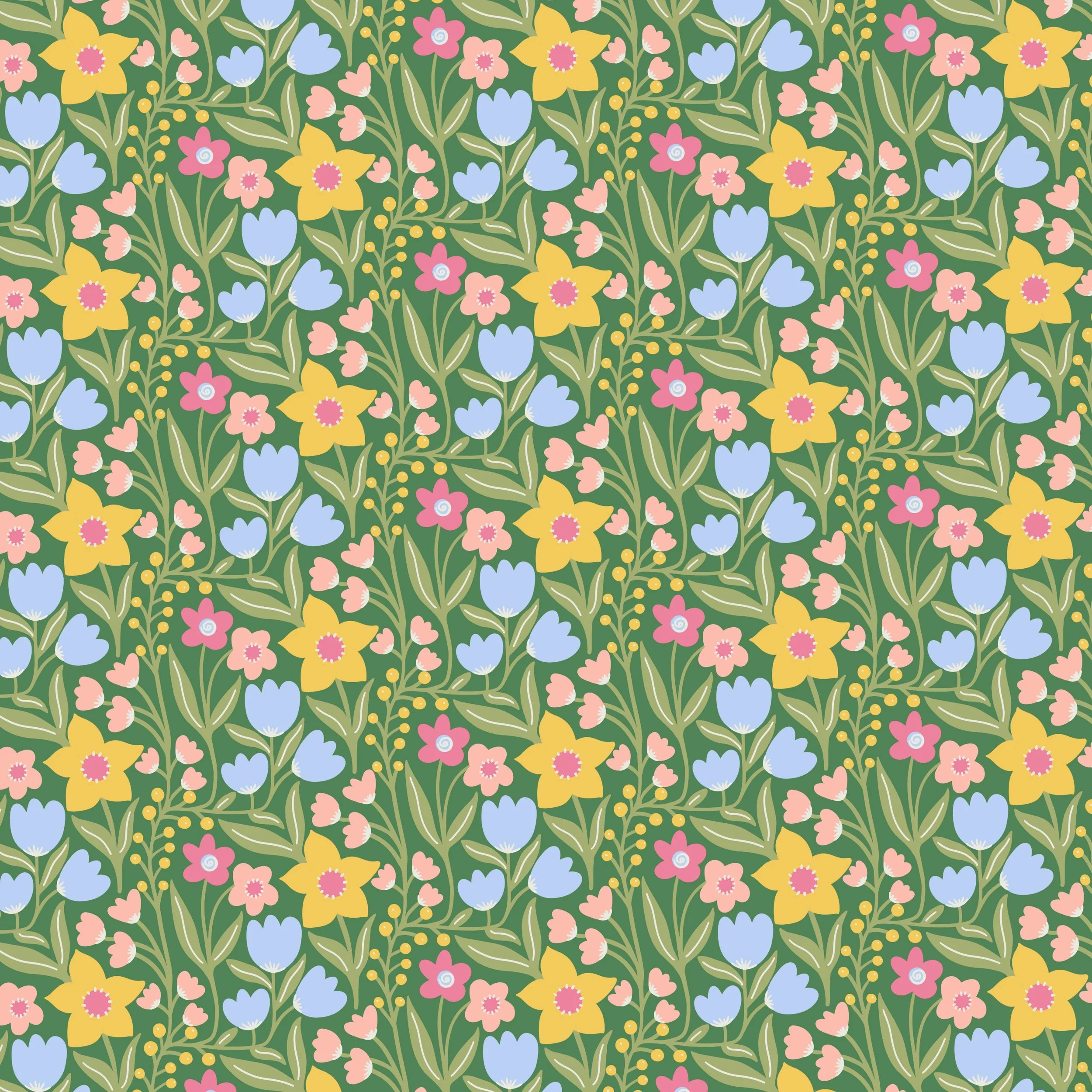 Colorful pastel garden full of yellow daffodils with pink, peach, and blue wildflowers, and yellow berries. Detailed hand drawn botanical pattern on a forest green background perfect for spring / summer floral decor and clothing.