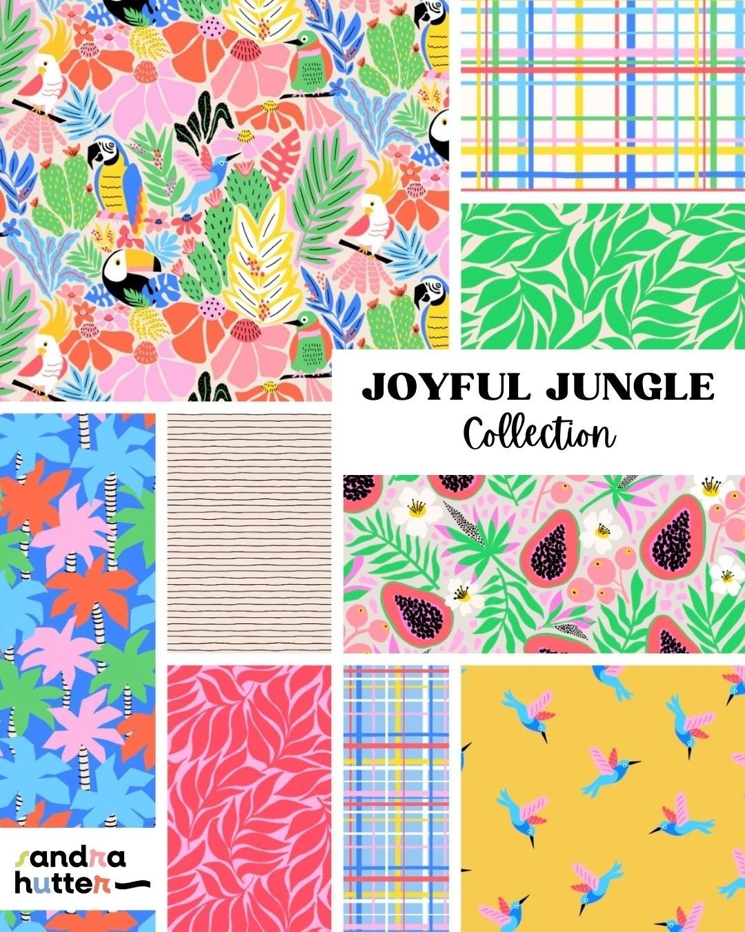 The full Joyful Jungle collection is now available @spoonflower, offering a wide range of fabric options, wallpaper, and home decor to suit your every need!⁠
⁠
What creative ideas do you have for using it?⁠
⁠🌺🌴Find the link in my bio 🌿🌺
