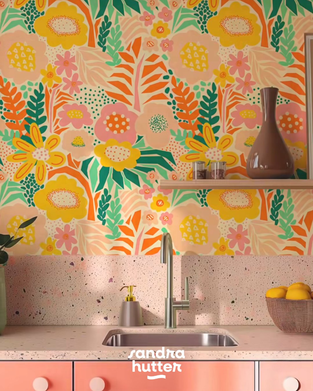 I really like how my Paper Cut Floral Collage design looks in this kitchen setting!🌸☀️⁠
⁠
You can find this wallpaper by searching for &ldquo;Paper Cut Floral Collage - Mint Yellow Pink&rdquo; on @happywall_com⁠
They offer both traditional and peel-