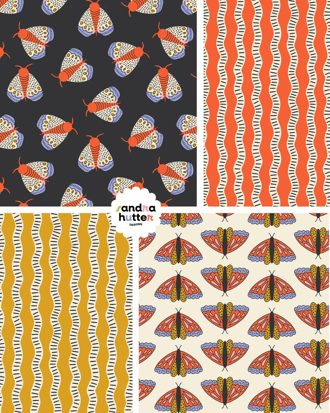 A mix of eye-catching moths, wavy wiggle stripes, and lots of contrast - these prints from my new Creepy Critters collection are perfect for quirky sewing projects or statement decor.⁠
⁠
Available on @Spoonflower now!⁠
⁠
⁠