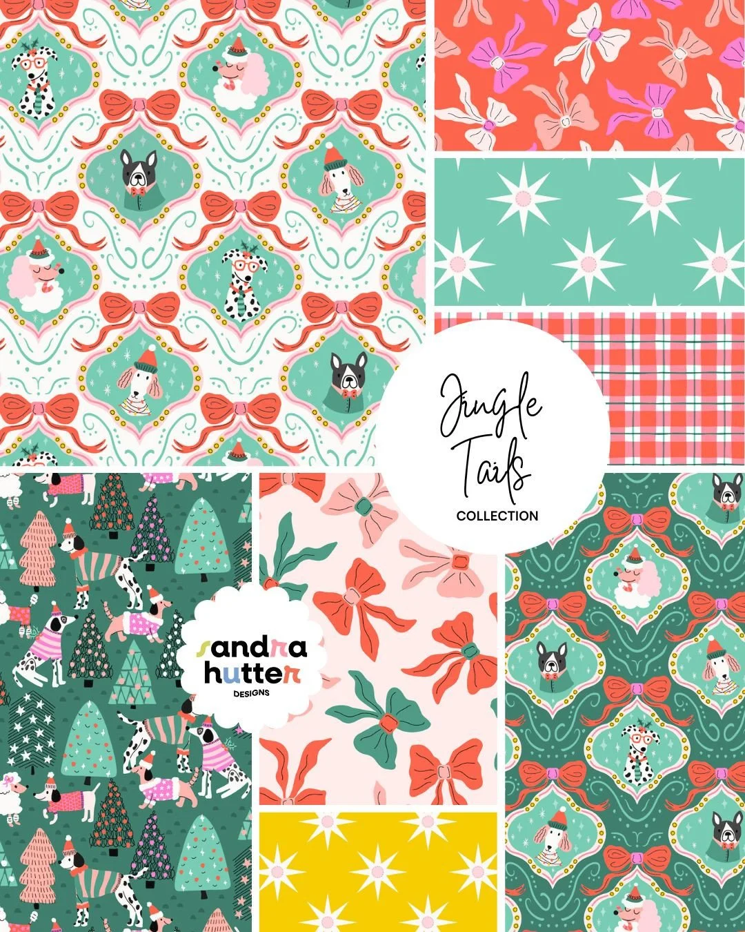 Here&rsquo;s the full Jingle Tails lineup 🎄🐶⁠
A mix of playful pups, bows, stars, and holiday plaids &mdash; all ready to bring a bit of festive cheer.⁠
⁠
Available now on @Spoonflower for fabric, wallpaper, and home decor &mdash; and also open for