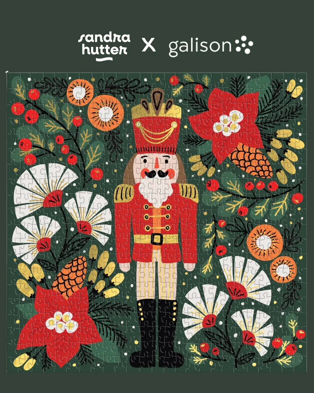 This festive Nutcracker scene is now available as a 500-piece puzzle &mdash; with sparkly gold foil details that catch the light just right ✨🧩⁠
⁠
It features a joyful mix of poinsettias, mistletoe, and festive florals &mdash; plus my colorful take o