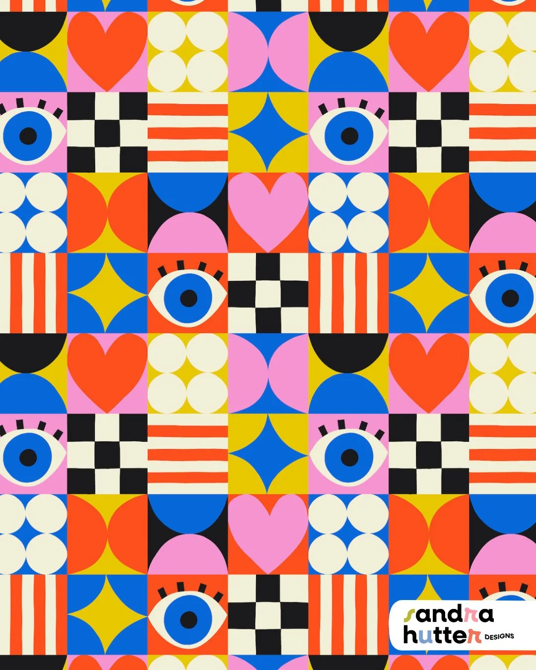 Meet the hero print of my newest collection: Pop Love Geometry ❤️👁️🔷⁠
Bold color, playful shapes, and a tiny dose of retro attitude &mdash; this one&rsquo;s also my entry for the current @spoonflower Thrift Store Treasures design challenge!⁠
⁠
I&rs