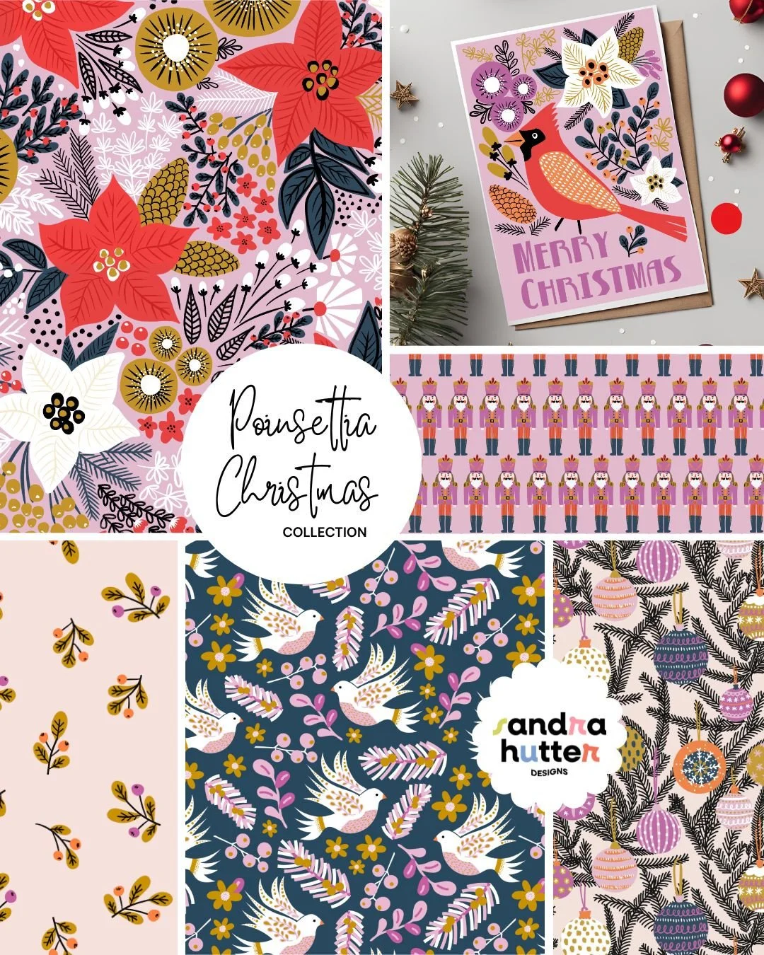 A peek at my full Poinsettia Christmas collection 🎄 &mdash; filled with festive florals, cheerful birds, nutcrackers and cozy winter charm.⁠
From fabric and wallpaper to home decor, you&rsquo;ll find all these prints (and more!) on @spoonflower.⁠
⁠
