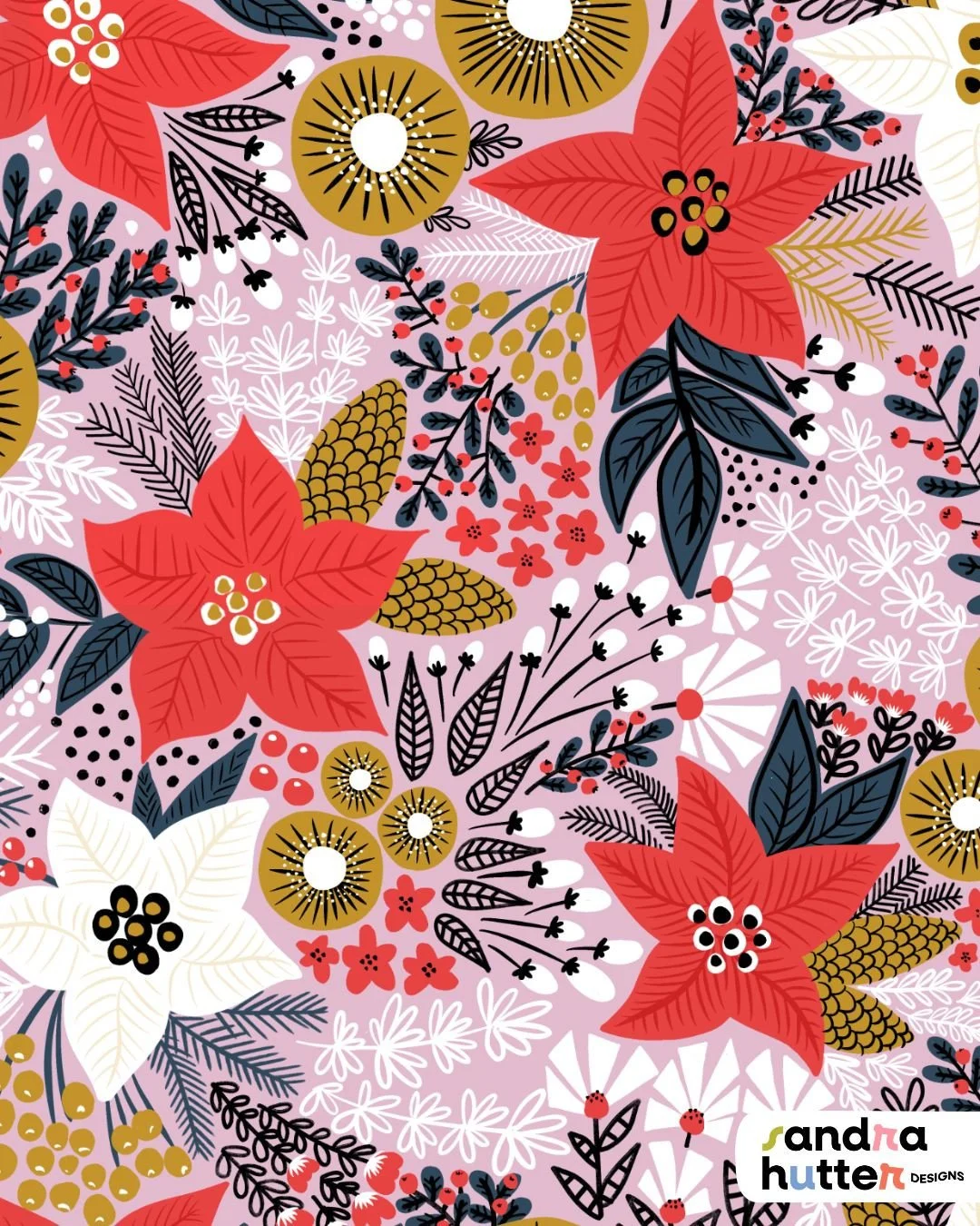 This is the hero print from my Poinsettia Christmas Collection &mdash; now in a fresh new colorway 💜✨⁠
Poinsettia flowers are my favorite holiday blooms &mdash; what about you?⁠
⁠
Available now on fabric &amp; home decor in my @Spoonflower shop, and