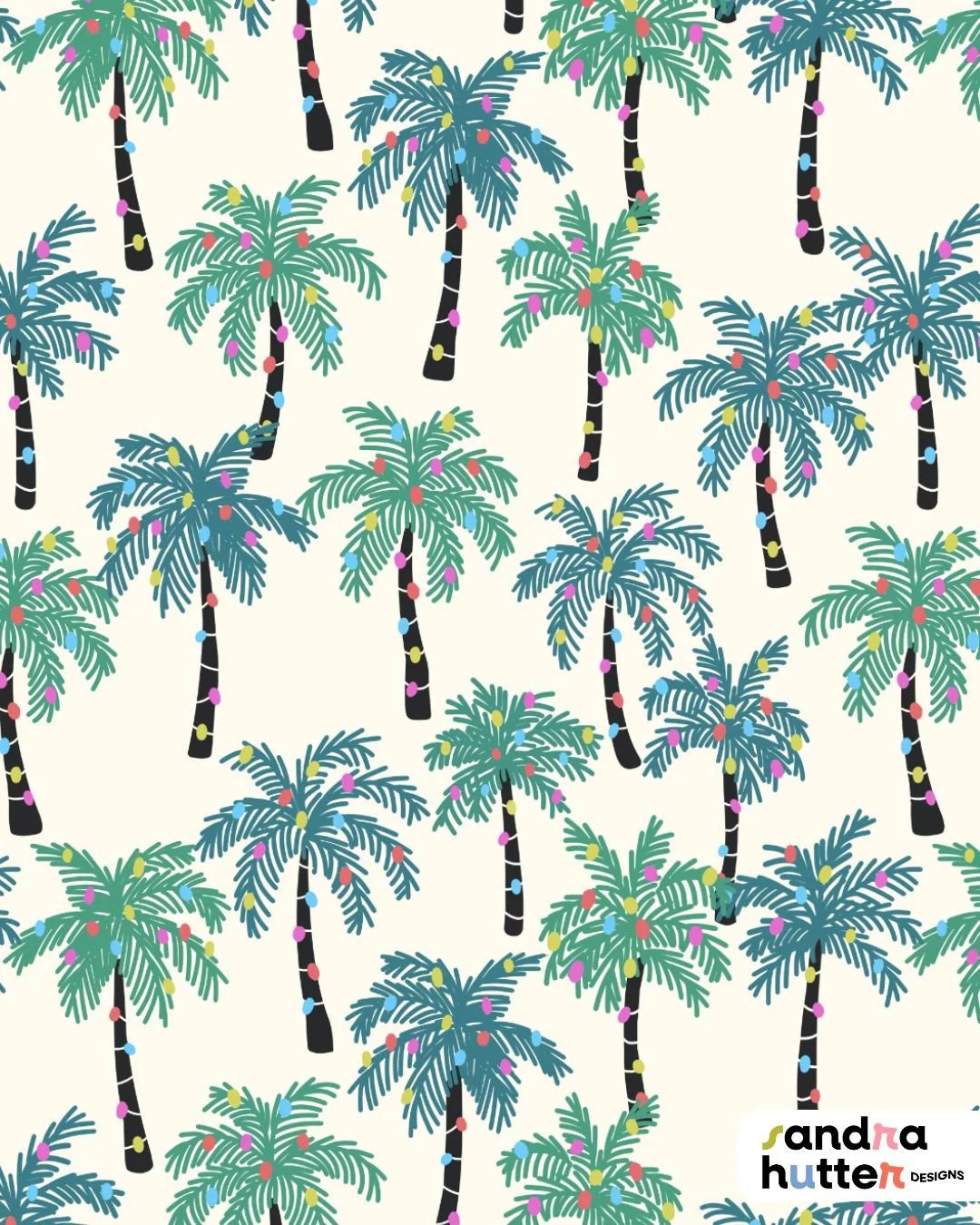 This festive tropical print brings holiday cheer with strings of Christmas lights wrapped around sunny palms &mdash; because not every December is a snowy one.⁠
⁠
Available on fabric, and home decor in my @spoonflower shop &mdash; and also part of my