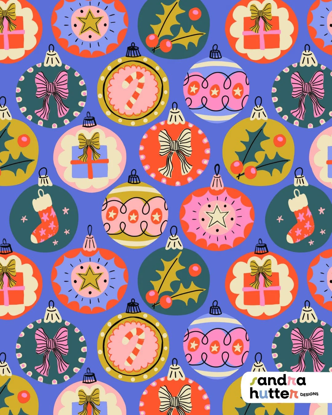 Say hello to one of the newest additions to my Christmas design portfolio! 🎄✨⁠
This bright and vibrant print is full of colorful Christmas ornaments &mdash; fun, playful, and made to bring some cheer to your holiday range.⁠
⁠
Perfect for anything fr
