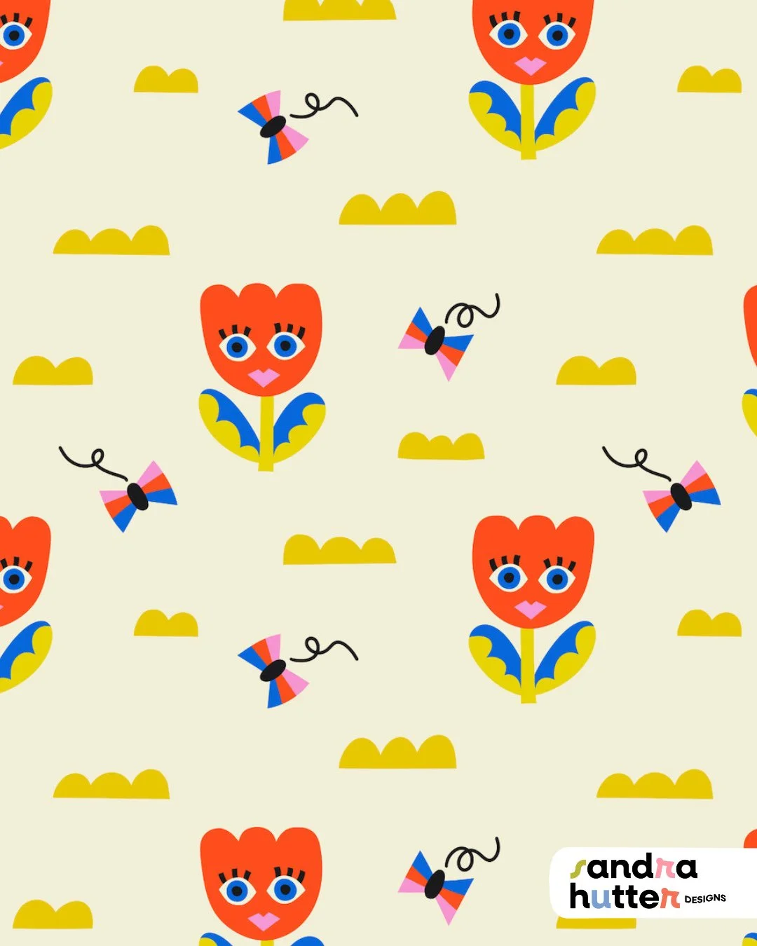 Say hi to this cheerful tulip print &mdash; part of my new Joy Parade mini collection 🌷✨⁠
With smiling blooms,and cute butterflies it&rsquo;s made to brighten kids&rsquo; rooms, baby gear, and playful products of all kinds.⁠
⁠
Available now on fabri