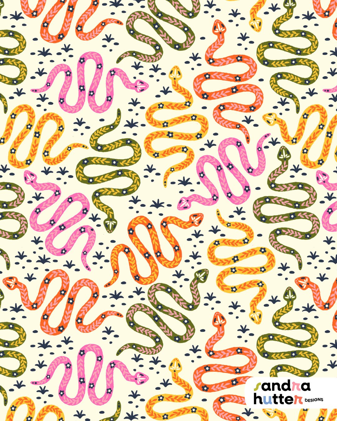 Playful snakes &amp; happy colors 🐍✨⁠
⁠
These snakes started as a single motif from my Western Boho pattern (swipe to see the full design!), which is also my entry for this week&rsquo;s @Spoonflower challenge. I liked them so much that they turned i