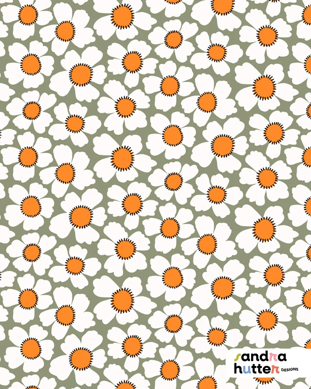 This one is part of my Floral Love collection &mdash; a simple white flower on soft sage with those warm orange centers I love.⁠
⁠
I can imagine it in a nursery, as bedding, little dresses, quilting projects&hellip; or as wallpaper in a kids room tha