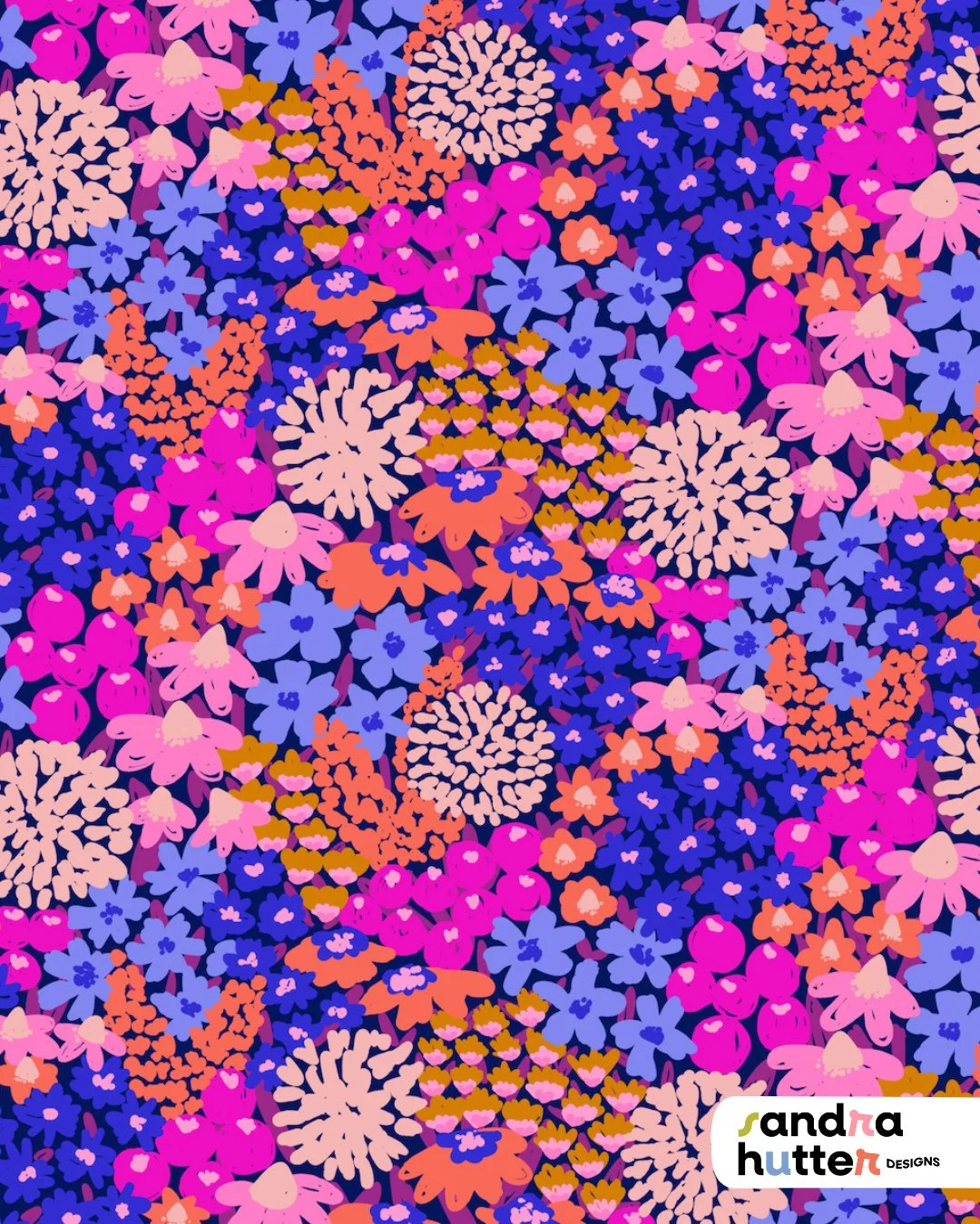 Boho Wildflower Meadow &mdash; blue edition 💙🌸⁠
⁠
This new colorway of my boho wildflower meadow pattern instantly changes the whole vibe of the print.⁠
Still playful and floral, but with a cooler, bolder energy. The blue and pink tones make it fee