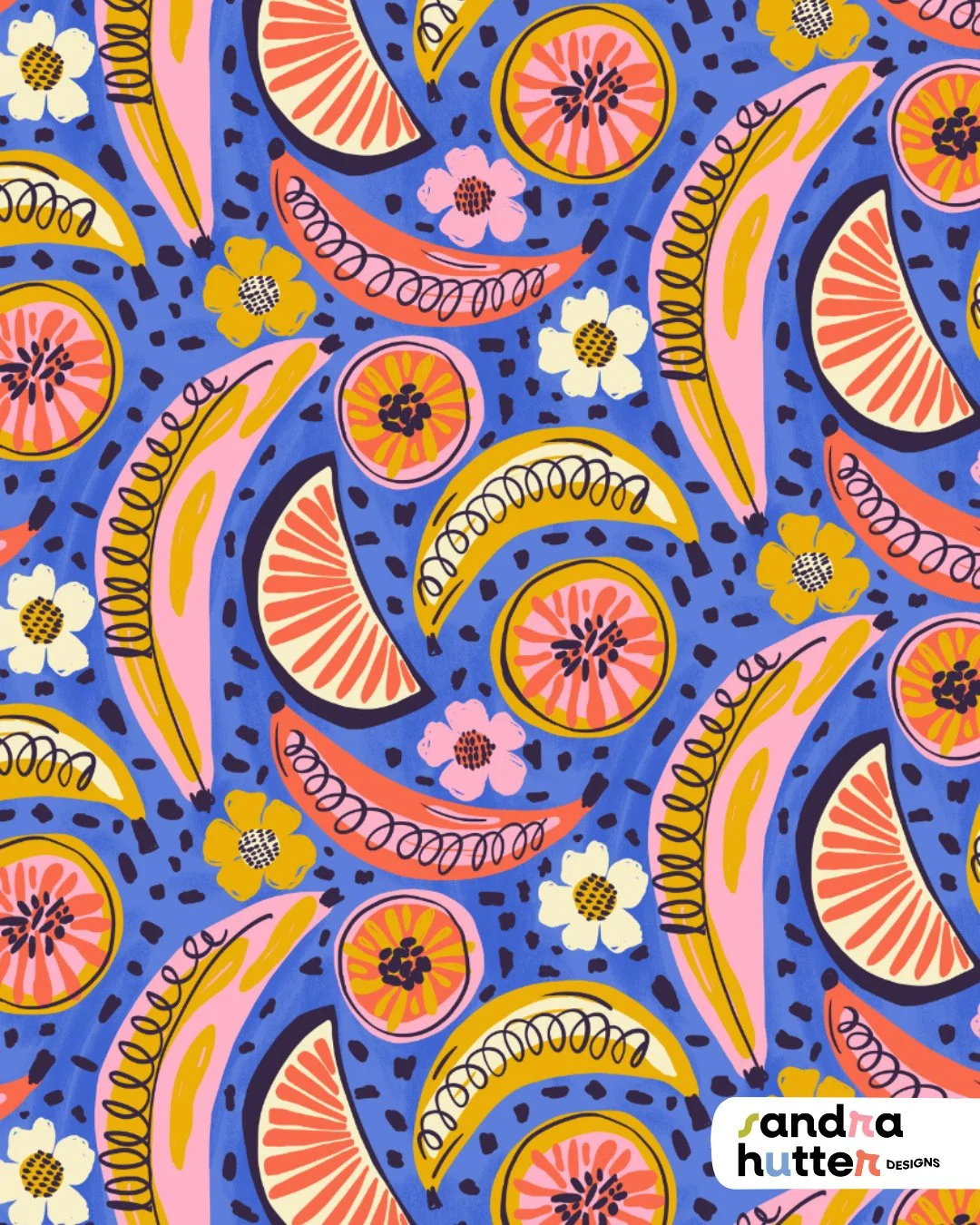 Here comes the newest addition to my portfolio: Boho Fruit Market 🍊🍌⁠
⁠
Juicy citrus, bananas, tiny florals, and a deep blue background that makes everything pop. This print actually sparked a whole new mini collection &mdash; coming soon to @Spoon