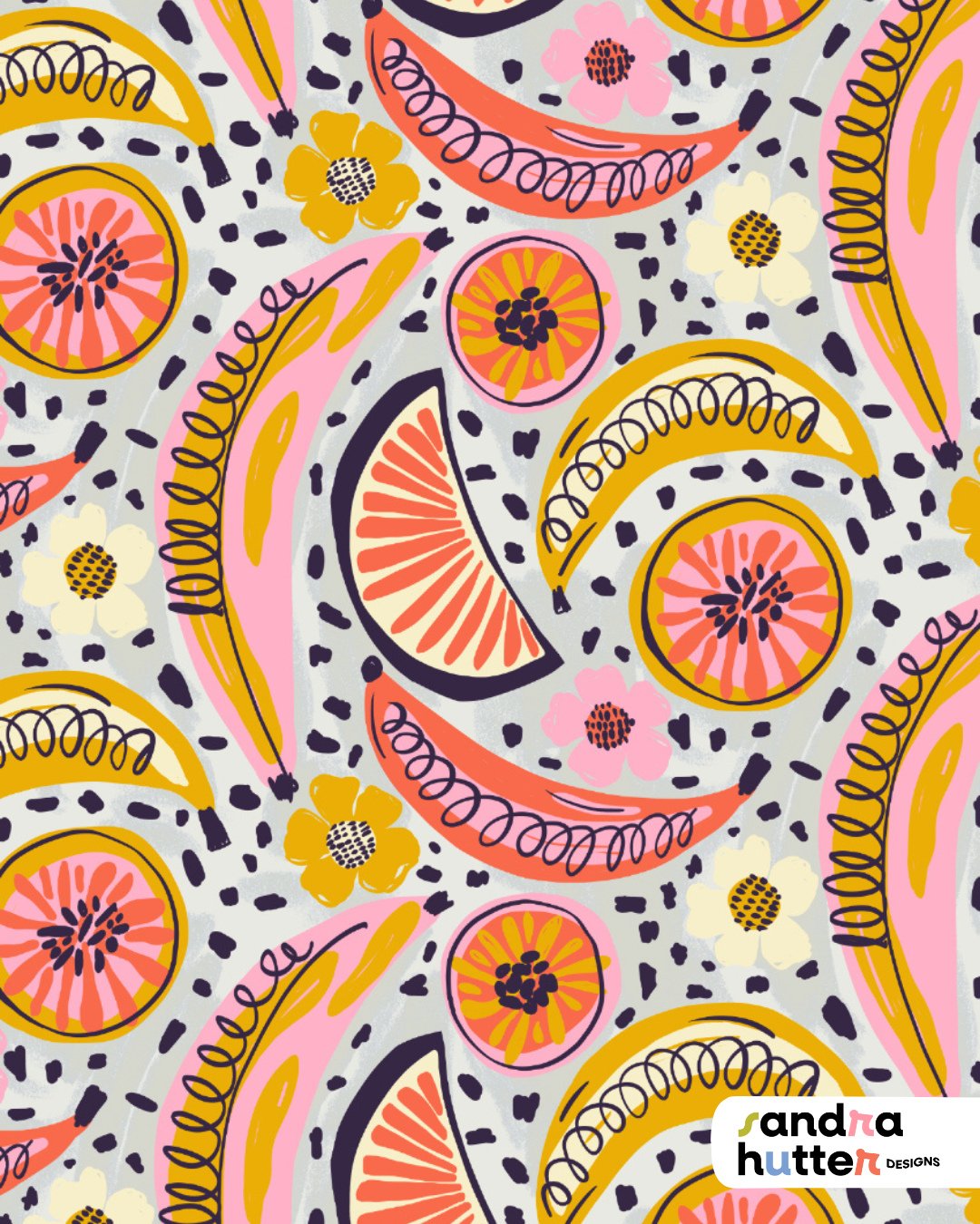 I&rsquo;ve already shared my new Boho Fruit Market print with you &mdash; here it is in a lighter grey background version 🍊🍌⁠
⁠
There&rsquo;s also the bright blue version I originally created, which I personally like  a little more &mdash; swipe to