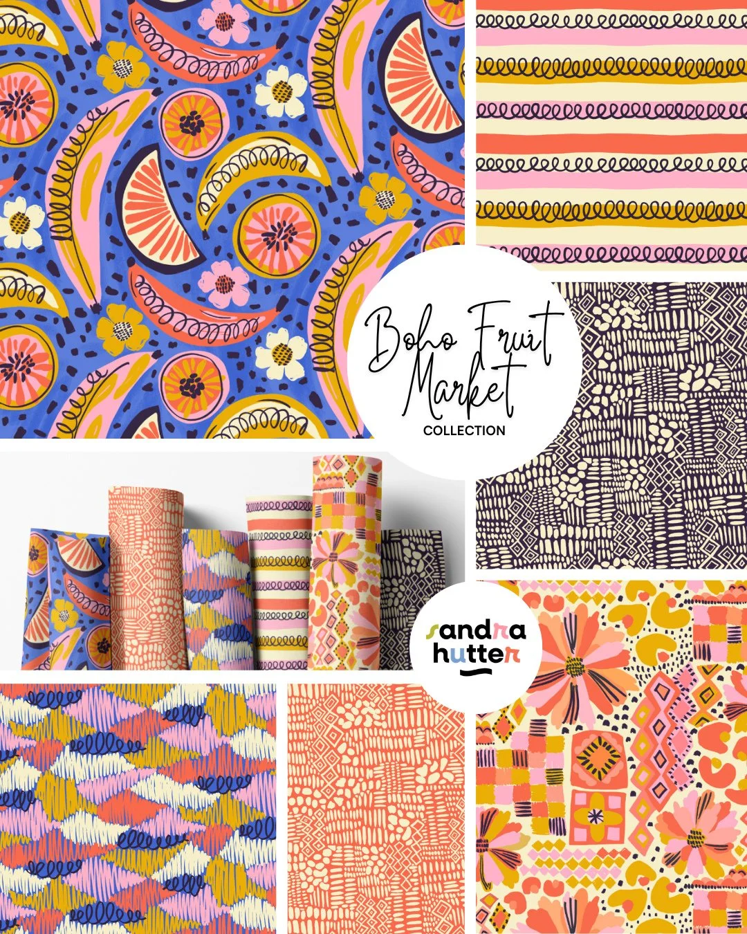 Let me introduce you to my newest collection: Boho Fruit Market 🍊🍌⁠
⁠
The hero print features juicy fruits on a vibrant blue background, paired with a mix of playful coordinating prints in warm, beach-friendly colors.⁠
⁠
I can see these designs on 