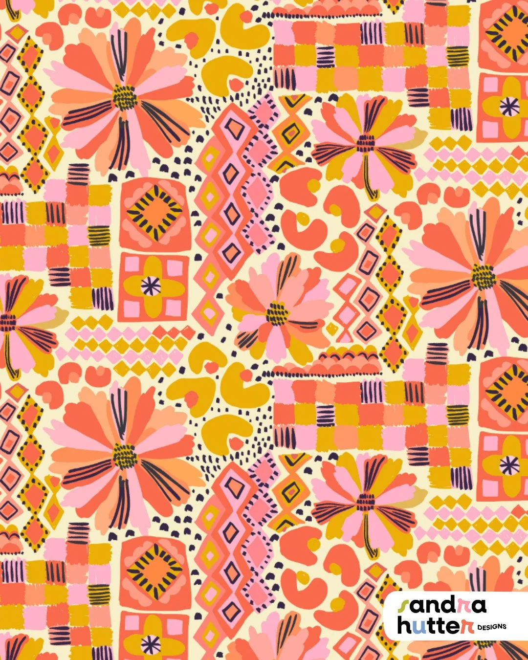 Another hero print from my Boho Fruit Market collection 🌸⁠
⁠
Florals, tiles and little geometric moments all layered together.⁠
⁠
For this one I was inspired by the African-Boho / Afrohemian style I&rsquo;ve been seeing lately &mdash; that mix of bo