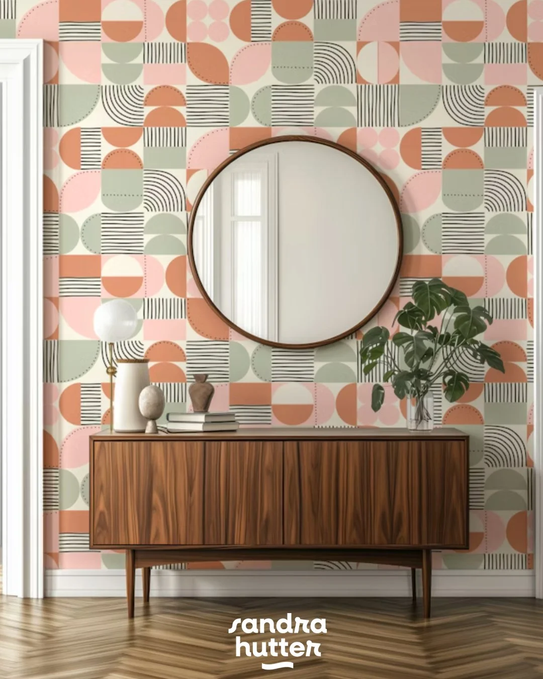 Wallpaper moment ✨⁠
⁠
This playful Mid-Century geometric design brings a warm, modern retro vibe to a space. The soft terracotta, sage, and blush tones make it bold but still easy to live with &mdash; perfect for hallways, living rooms, or a cozy rea