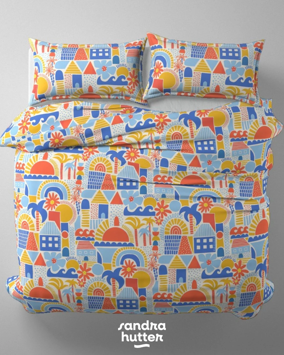 My Ocean City Sunset hero print on bedding ☀️

I always love seeing how a pattern transforms once it&rsquo;s used on real products &mdash; especially on something large like bedding where all the colors and details really come together.

This one bri