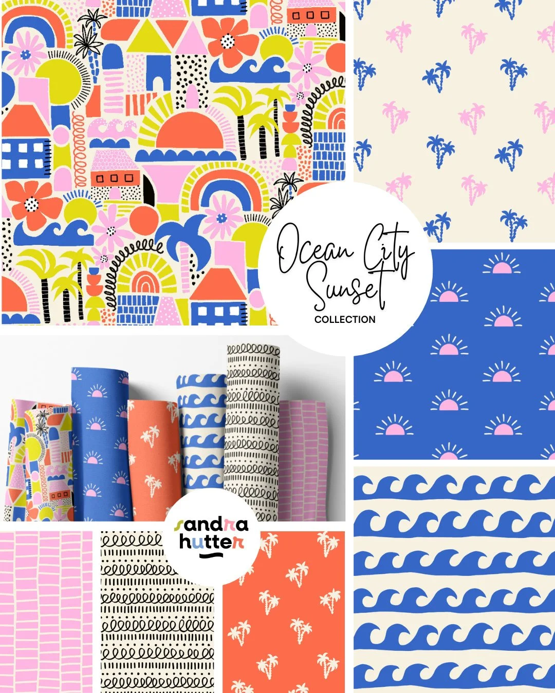 A full look at my Ocean City Sunset collection ☀️🌴⁠
⁠
A mix of playful beach towns, palms, waves, and sunset details &mdash; designed to work together across different products and categories.⁠
⁠
The collection includes a hero print and a range of c