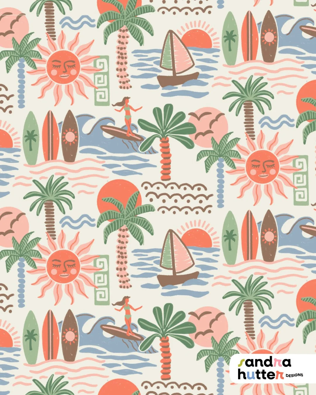 This was my other design for Spoonflower&rsquo;s current Beachy Boho challenge 🌴☀️⁠
⁠
I actually created this one first &mdash; with palm trees, surfers, sunsets, and that relaxed, easy beach vibe.⁠
⁠
In the end, I went with a different design for m
