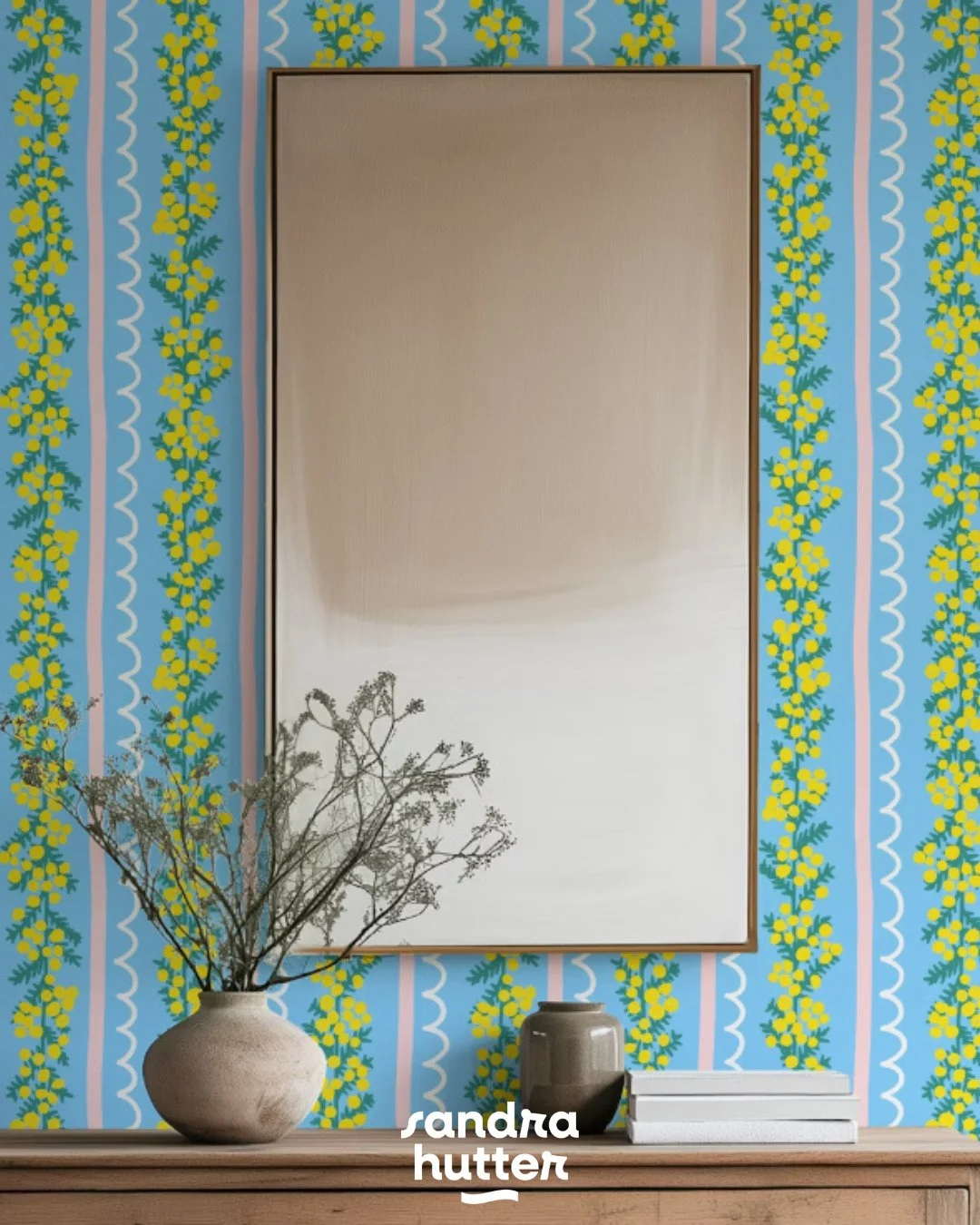 One of the floral stripe prints from my recent Mimosa Flowers collection 🌼⁠
⁠
I really love this one as a wallpaper &mdash; Mimosa flowers always feel like a little spark of sunshine to me&hellip; ⁠
⁠
Available on @HappyWall_com &mdash; just search 