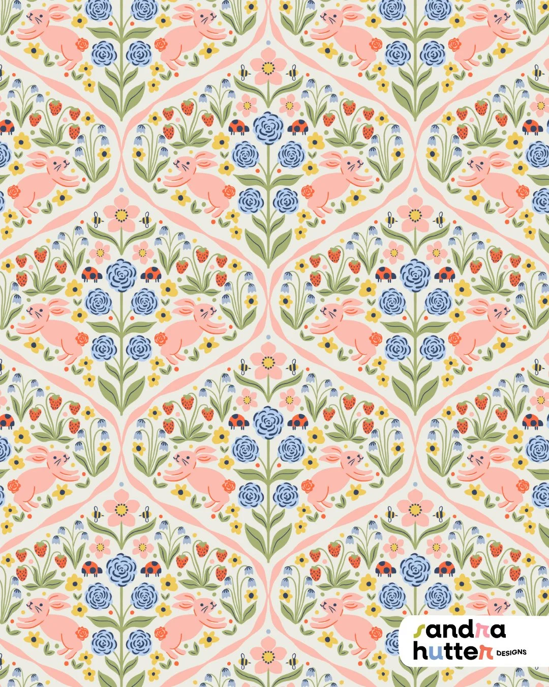 Here comes the hero print of my newest collection Bunny Garden!⁠
⁠
Even though Easter is over, I feel like bunnies are always in style (at least if you ask my daughter 😄)⁠
⁠
This one has a slightly unusual color palette for me &mdash; softer, a bit 